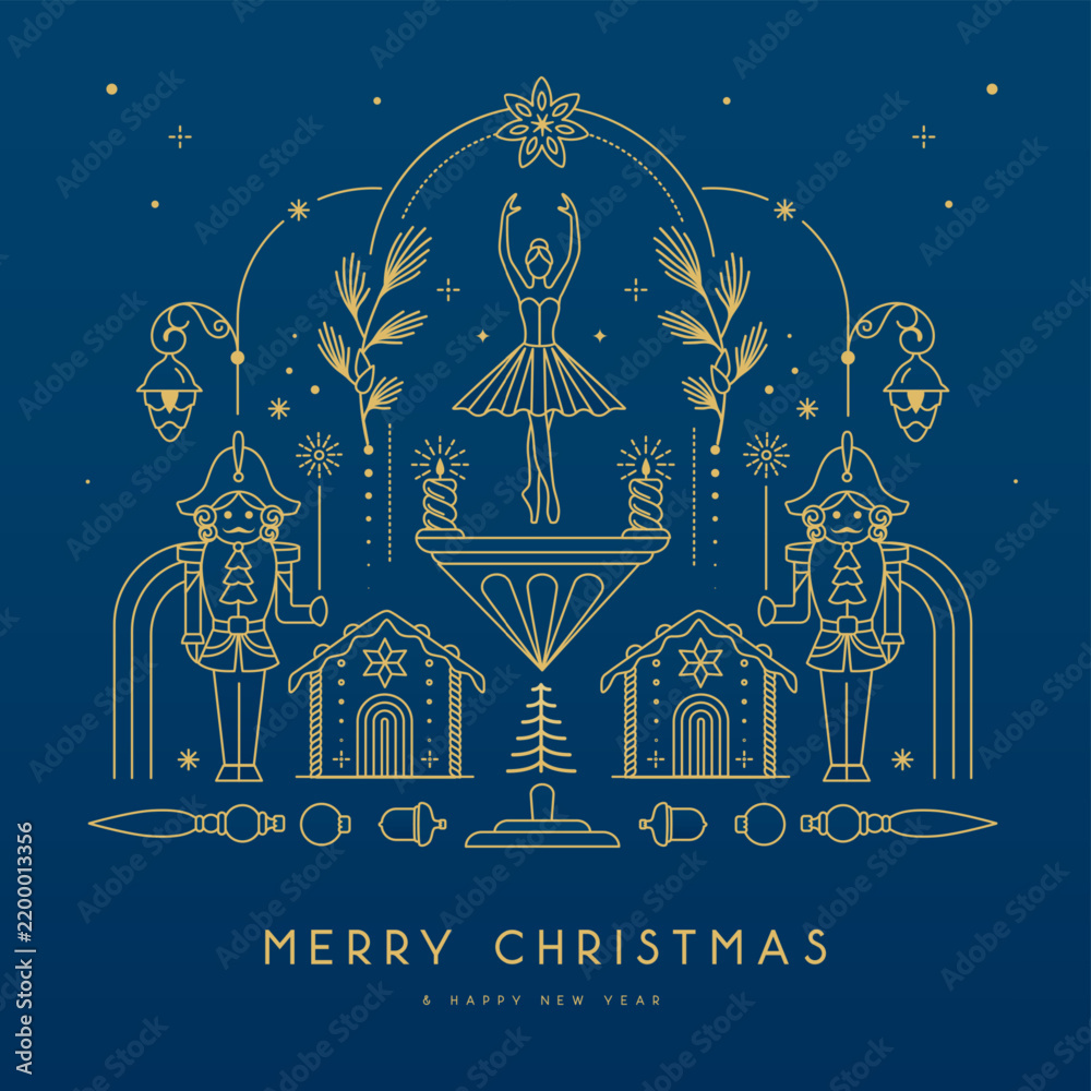 Obraz premium Modern Christmas poster, banner or holiday greeting card with nutcrackers, ballerina, gingerbread hose, Christmas tree and baubles on blue background. Line art vector illustration