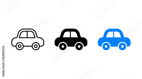 Set of cute toy car icons in outline, solid, and blue color styles for vector design