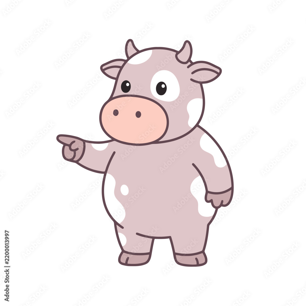 Fototapeta premium A cute cartoon cow points to the side with its hand