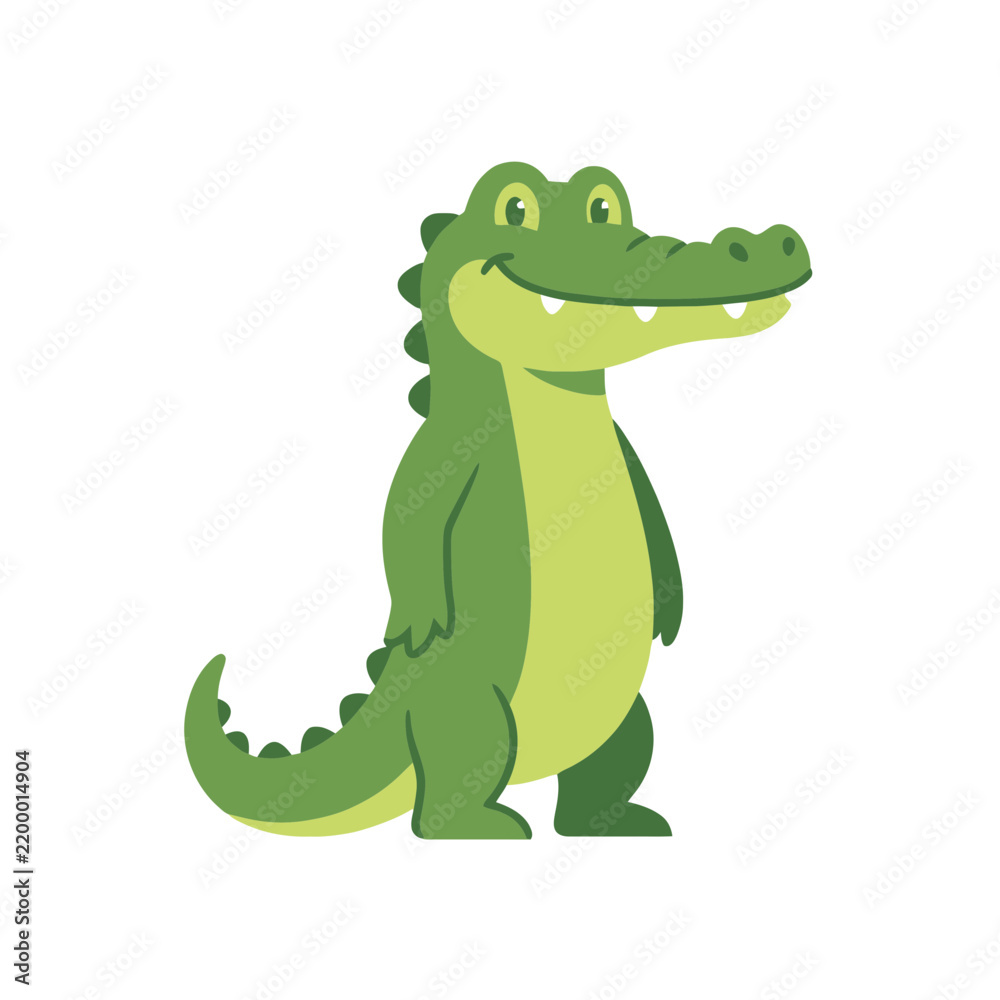 Obraz premium A cute green crocodile stands upright in a friendly cartoon style