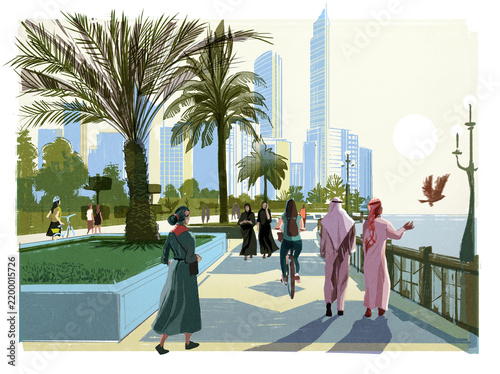A drawing of the Abu Dhabi seafront with people 