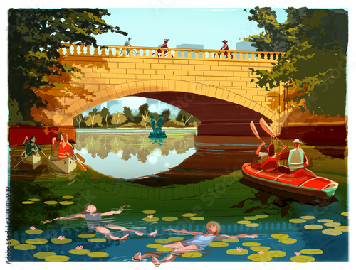 A view of a lake in Minneapolis with kayaks and people enjoying leisure time 