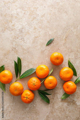 Mandarins fresh citrus fruit with green leaves