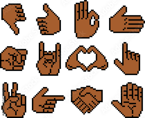 Collection of retro pixel art 8 bit hand gestures in warm brown tone. Includes thumbs up, peace, OK, handshake, and heart signs. Retro digital aesthetic icon set.