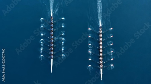 Aerial view of two rowing teams racing on deep blue water