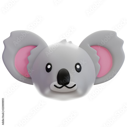 Photography An adorable 3D render of a koala's head, featuring soft grey fur, a prominent black nose, and cute pink inner ears