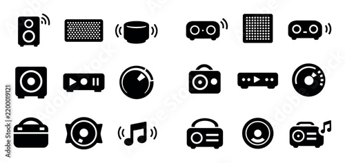 Portable sound and wireless speakers icon set with audio output sound grille and volume dial for infographic design in solid filled style