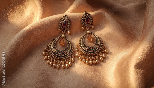 Pair of ornate traditional gold dangle earrings with pearls and gems