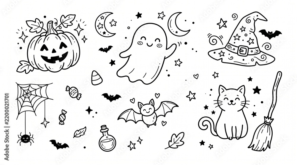 Fototapeta premium Cute Halloween doodle collection featuring smiling pumpkins, flying bat, friendly ghost, magical witch hat, black cat, stars and moon, line art, whimsical.