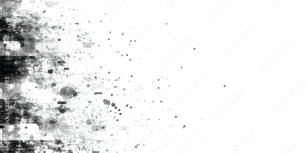 Obraz premium Abstract Black Ink Splash on White Background with Flying Liquid Droplets, Grunge Texture, Paint Splatter, Artistic Pattern and Modern Vector Illustration