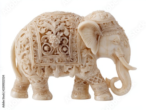 Ornate Ivory Colored Elephant Statue With Intricate Floral Carvings On Isolated White Background