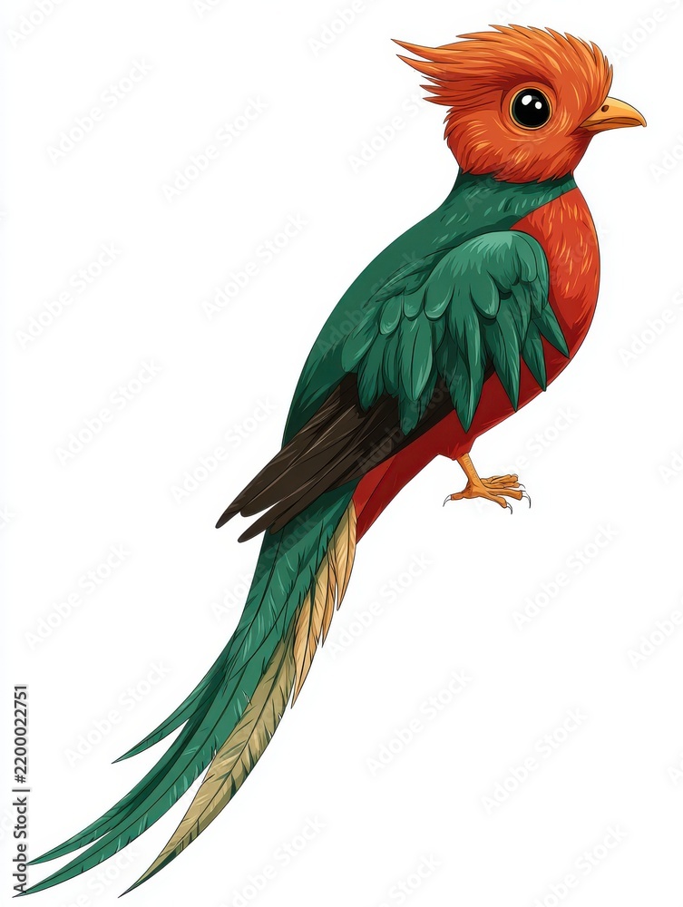 Fototapeta premium Pixel Art Quetzal Bird With Vivid Green And Red Feathers Isolated On A Plain White Background