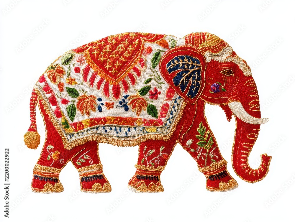 Fototapeta premium Red Ornamental Elephant Sculpture With Intricate Beaded Floral Patterns On Isolated White Background