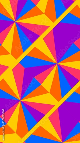 Vibrant abstract geometric pattern featuring colorful spinning ray shapes and bold neon color palettes in a modern design
