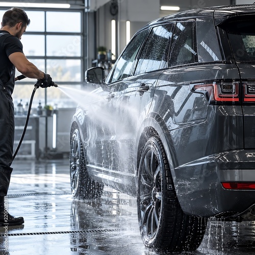 Professional car wash service with high pressure water, worker cleaning luxury grey SUV in detailing garage, automotive maintenance and vehicle care