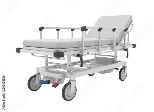 Hospital patient transport stretcher bed with white mattress and adjustable side rails isolated on a white background isolated on a transparent background
