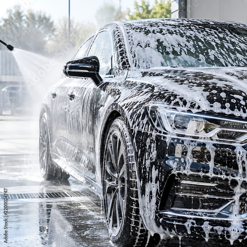 Professional car wash service with high pressure water spray, luxury black sedan covered in white soap foam, automotive detailing and maintenance