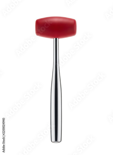 Medical reflex hammer with a red rubber head and a polished chrome metal handle, isolated on a white background, for neurological examination isolated on a transparent background