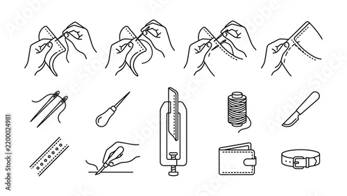 Leather Crafting Step-by-Step Icons: Stitching, Cutting, Tools, Wallet, Belt - Vector Illustration