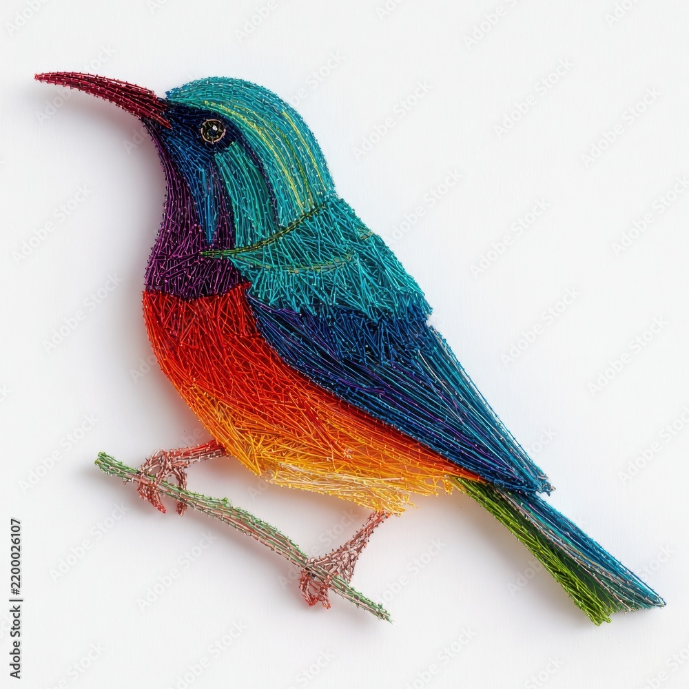 Fototapeta premium Sparkling Colorful Hummingbird Ornament With Iridescent Glitter Texture On A Plain White Background