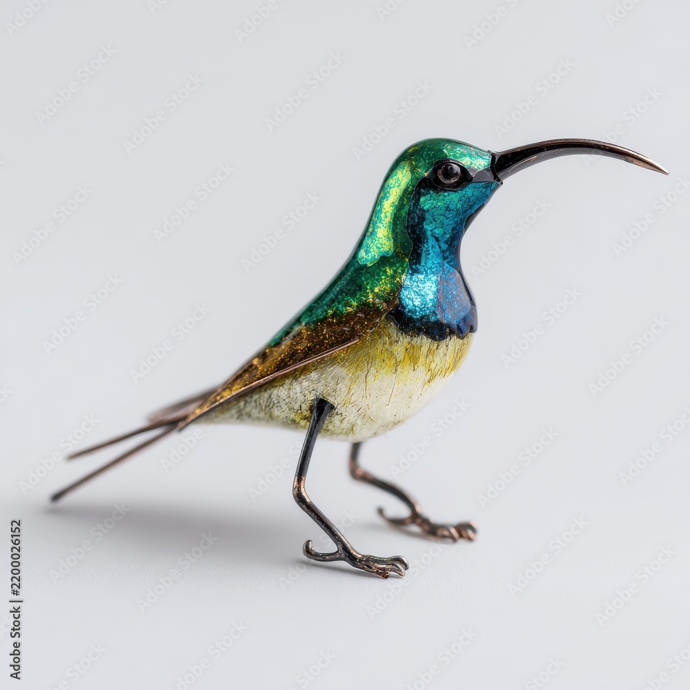 Obraz premium Sparkling Glitter Hummingbird Figurine With Metallic Green And Blue Feathers On White Background