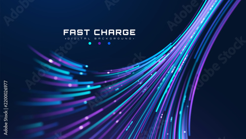 Smart Fast Charge Energy Network With Abstract Dark Blue Background And Rapid Speed Digital Technology Data Flow Stream Glow Bright Light Dot Particle For Tech Power Poster. Vector Illustration.