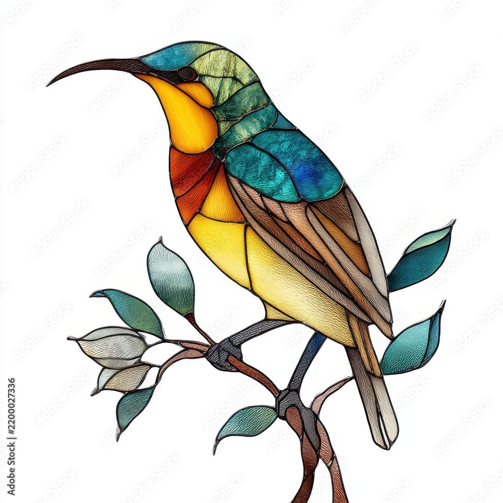Obraz premium Stained Glass Mosaic Hummingbird Perched On A Small Branch Isolated On A White Background