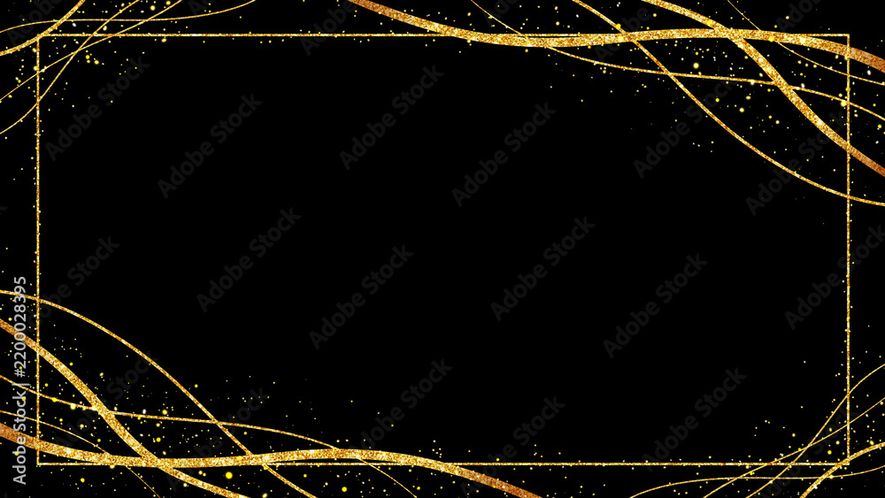Obraz premium Minimalist gold frame template with elegant thin wave line ornaments.Black background.ゴールド フレーム 枠 16:9 素材 おしゃれ 高級感 豪華 見出し タイトル 飾り エレガント クラシック 黒背景
