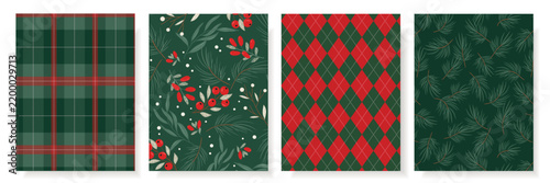 Christmas seamless pattern collection featuring tartan plaid, botanical berries, red and green argyle diamonds, and pine branches. Festive set for fabric, wrapping paper, wallpaper, textile and decor.