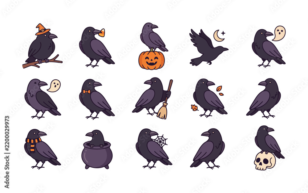 Obraz premium Set of cute hand drawn raven stickers for halloween featuring various poses and festive holiday accessories