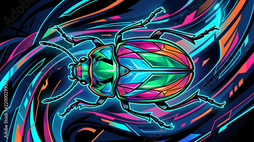 Neon Beetle Illustration with Vibrant Flowing Lines and Dynamic Abstract Energy Background for Modern Artistic Projects