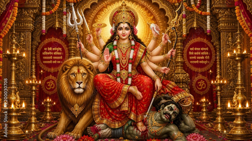 Fototapeta premium Goddess durga sitting on lion riding in ornate temple decor with traditional weapons and golden jewelry adornments for festive religious celebration of navratri and dussehra festival cultural worship