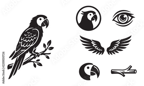 Black silhouette of a parrot sitting on a branch with icons.