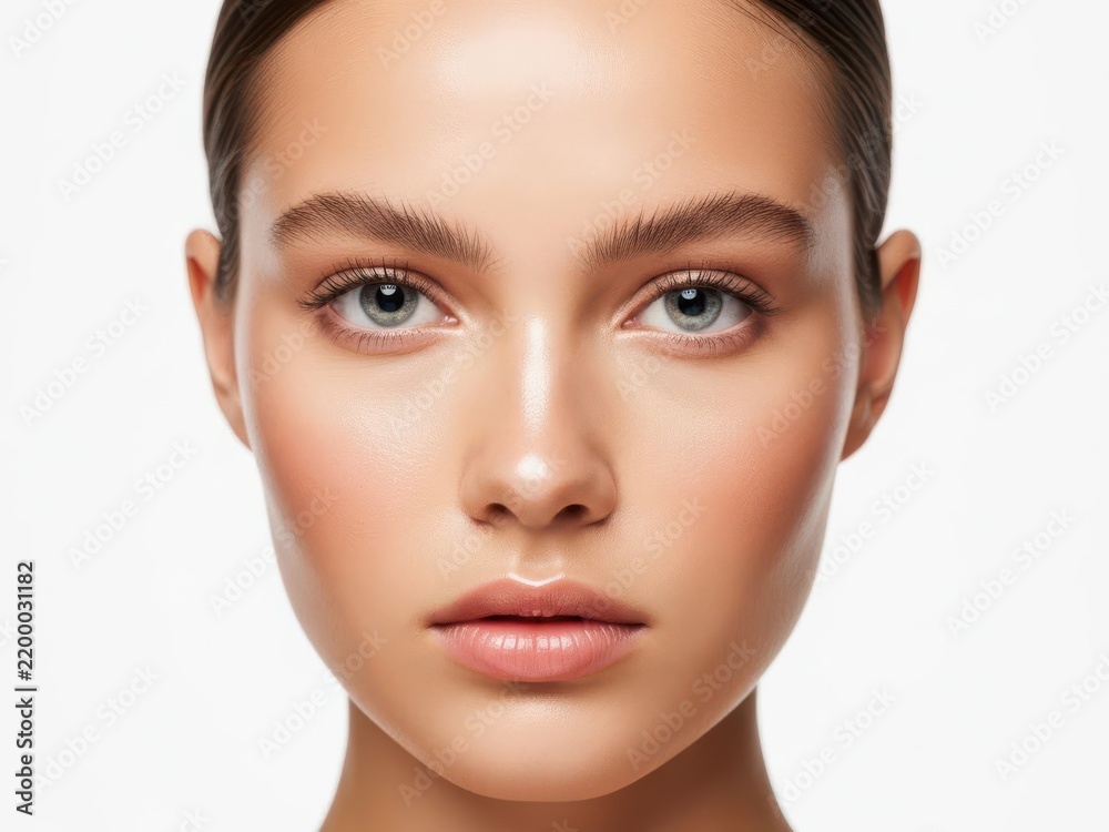 Fototapeta premium Young woman face close up with natural makeup and smile