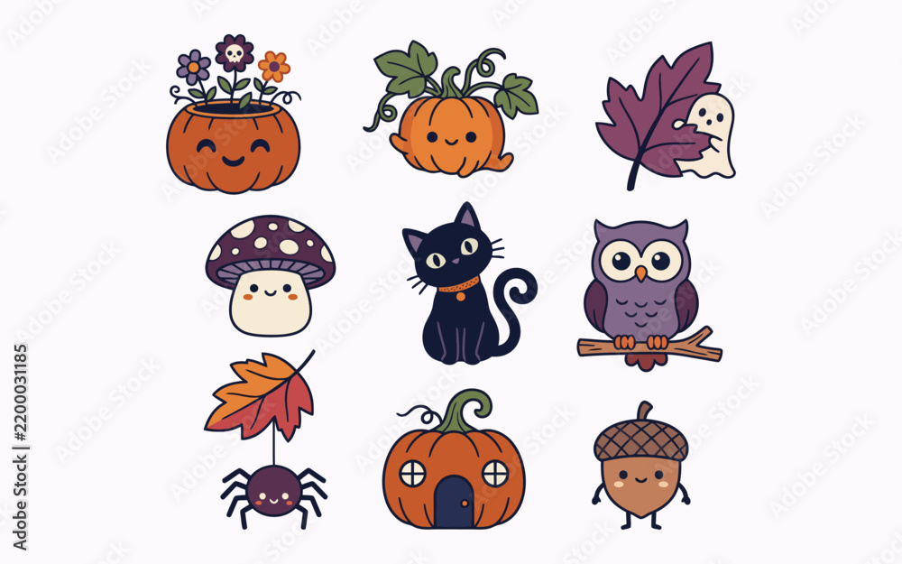 Obraz premium Watercolor halloween characters and autumn leaves isolated on white background