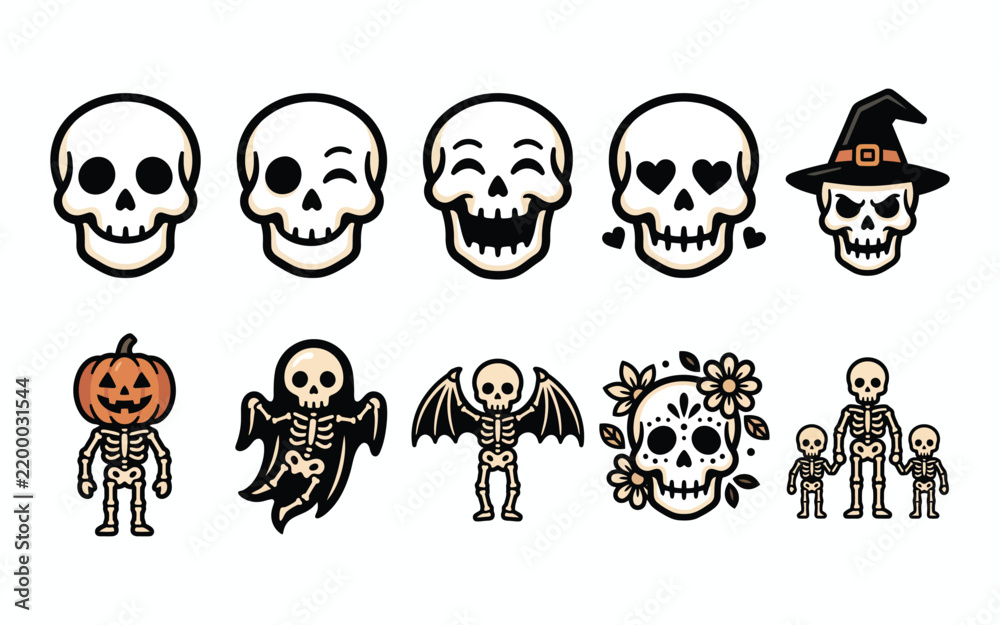 Fototapeta premium Collection of spooky hand drawn halloween skulls and skeletons in black and white