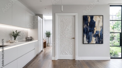 Contemporary luxury open plan kitchen with white carved botanical leaf swirl interior door brass handle abstract navy gold wall art eucalyptus vase marble
