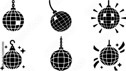 Black and white disco ball set depicting various styles and light effects