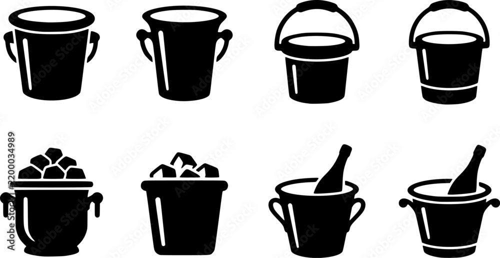 Obraz premium Variety of black and white bucket illustrations depicting different uses and styles