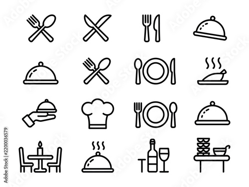 Restaurant and catering services vector line icon set featuring cutlery forks knives spoons plates chef hat cloches and dining tables
