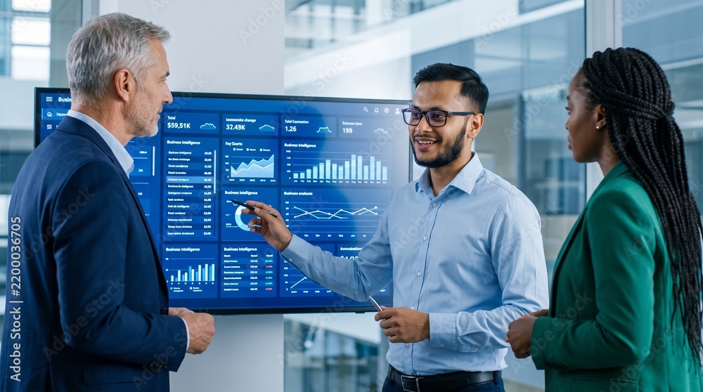 Fototapeta premium Business meeting with diverse team analyzing data on a large screen