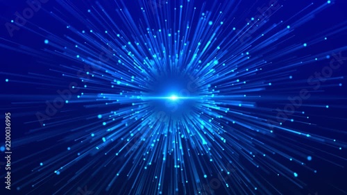 Radiant blue streaks race outward bright central point, immersive speed effect. optical , rapid transmission, technology intros, science visuals, energy sequences, travel futuristic transitions.