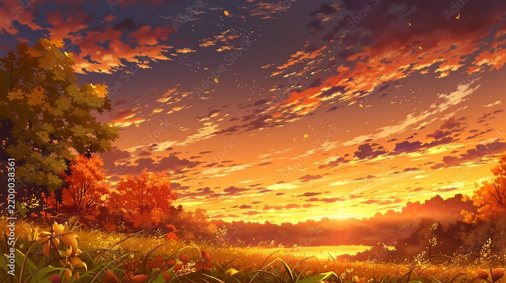 Obraz premium 紅葉の木々と燃えるような夕焼け空の秋の風景