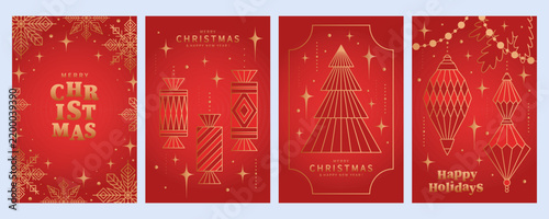 Christmas red backgrounds with gold pattern, Christmas tree decorations and snowflakes. Holiday cards with stars and glitter effect for winter decor. Vector illustration.