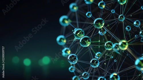 3D molecular glass spheres network connection green dark background