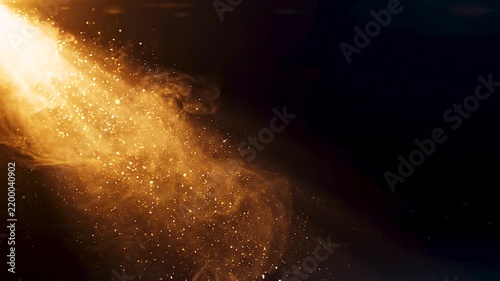 Cosmic energy and celestial motion concept glowing golden light trail with sparkling particles moving through dark space.