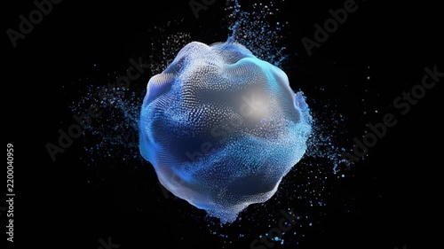 Abstract Blue Sphere with Water Splashes in Dark Studio