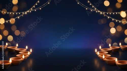Diwali banner background with clusters of lit diyas in the bottom corners, golden bokeh circles and string lights on a deep navy blue backdrop with large empty copy space in the center