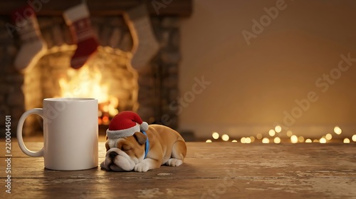 Blank white ceramic coffee mug mockup with a cute 3D English Bulldog puppy wearing a Santa hat and a blue collar, festive cozy Christmas holiday background with empty copy space for typography