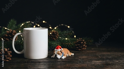 Blank white ceramic coffee mug mockup with a cute 3D English Bulldog puppy wearing a Santa hat and a blue collar, festive cozy Christmas holiday background with empty copy space for typography